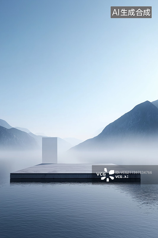 【AI数字艺术】水面上漂浮的平台和远山图片素材
