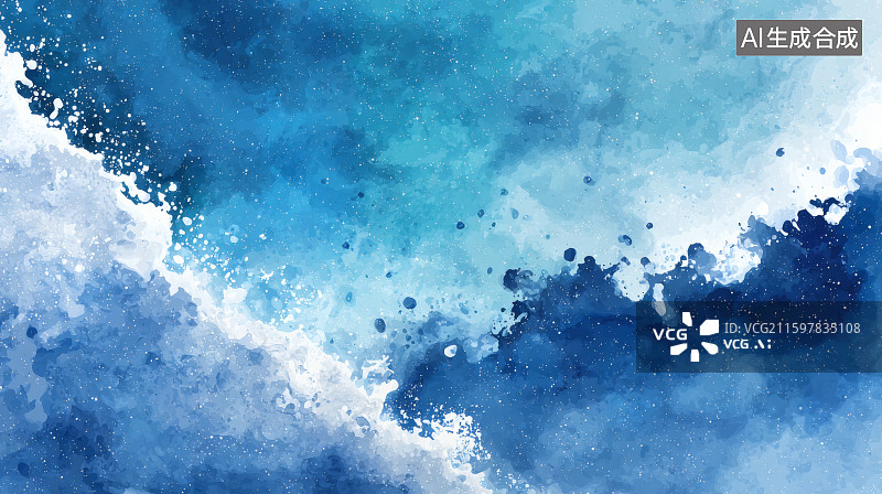 【AI数字艺术】水彩风格，蓝色的海水与白色的浪花插画图片素材