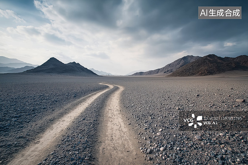 【AI数字艺术】荒漠中的车辙痕迹图片素材