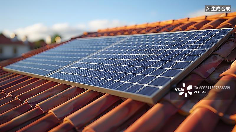 【AI数字艺术】屋顶上的光伏太阳能电池板插画  屋顶太阳能板与蓝天绿树 住宅屋顶太阳能发电设备  红瓦屋顶太阳能面板图片素材