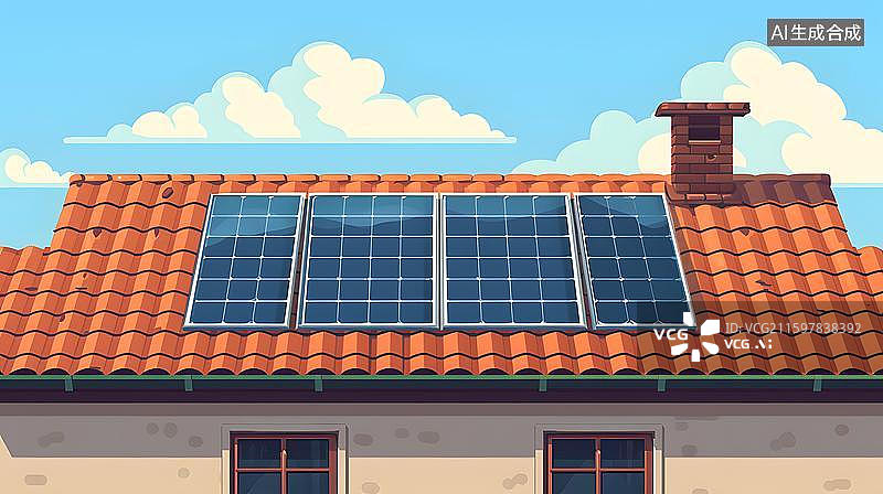 【AI数字艺术】屋顶上的光伏太阳能电池板插画  屋顶太阳能板与蓝天绿树 住宅屋顶太阳能发电设备  红瓦屋顶太阳能面板图片素材