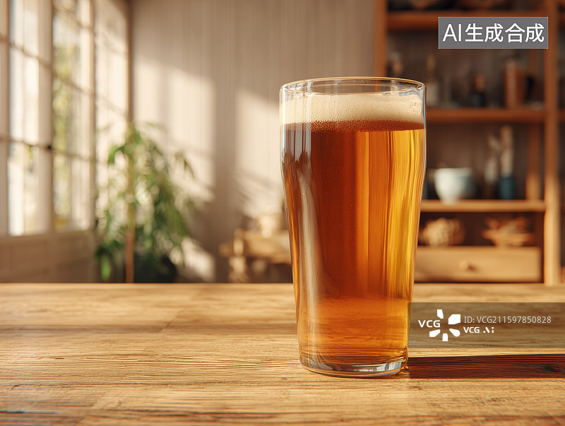 【AI数字艺术】木质桌上的一杯金黄啤酒图片素材