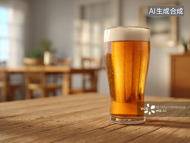 【AI数字艺术】木质桌上的一杯金黄啤酒图片素材