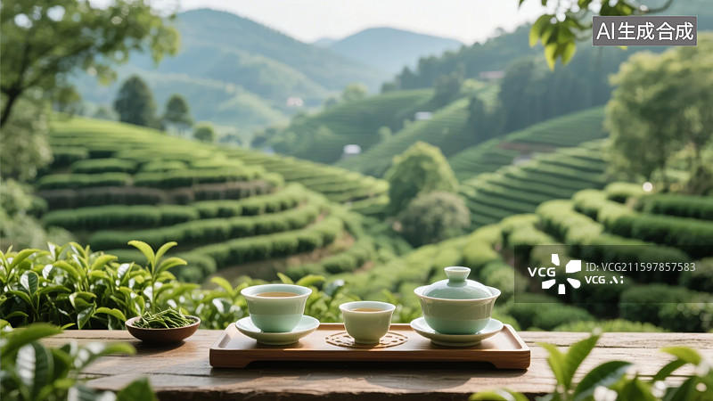 【AI数字艺术】茶园风光与茶具静置图片素材