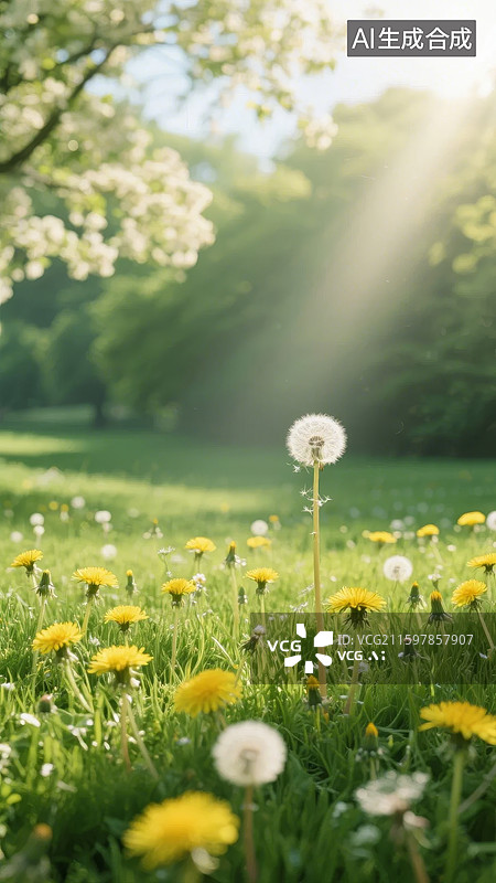 【AI数字艺术】阳光下的蒲公英花田图片素材
