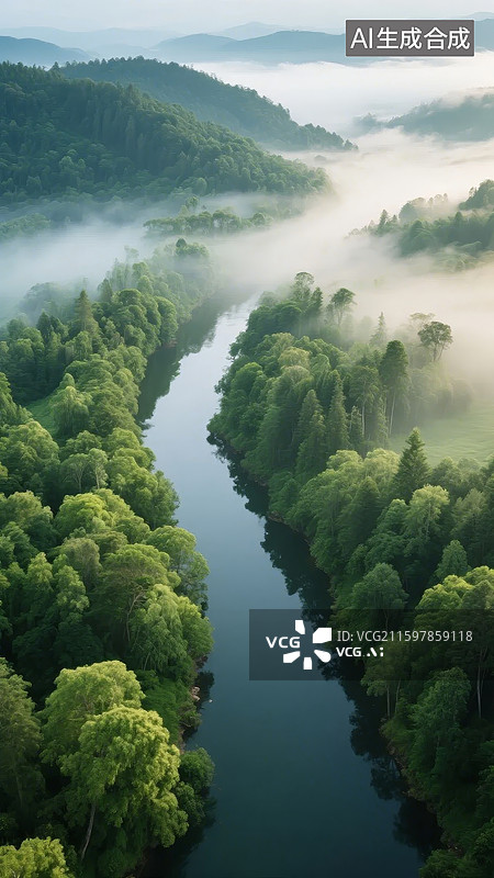 【AI数字艺术】雾绕青山绿水河图片素材