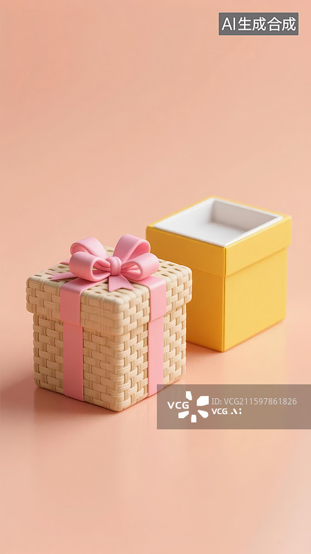 【AI数字艺术】粉色蝴蝶结礼盒与黄色盒子图片素材
