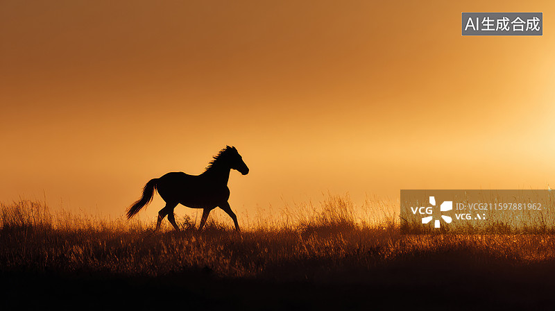 【AI数字艺术】金色夕阳下奔跑的马剪影图片素材