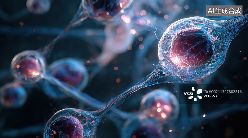【AI数字艺术】神经细胞特写与发光连接图片素材