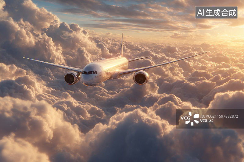 【AI数字艺术】阳光照射在云层上空的一架飞机身上图片素材