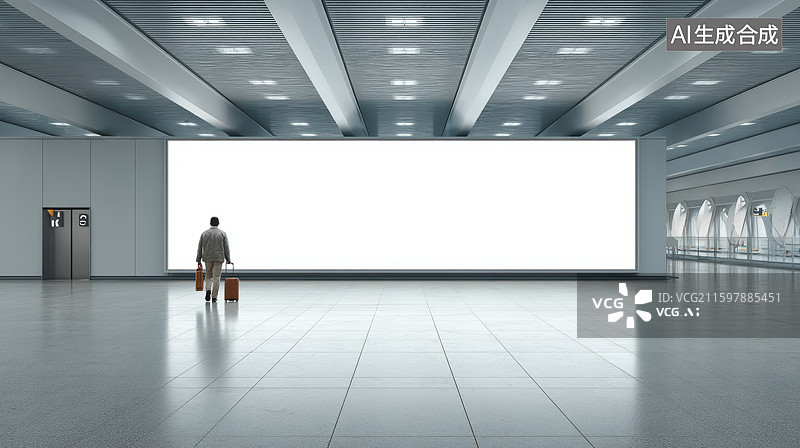 【AI数字艺术】现代机场空旷区域的大型空白广告牌图片素材