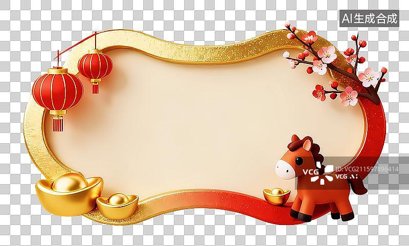 【AI数字艺术】喜庆新年小马梅花放假通知背景框图片素材