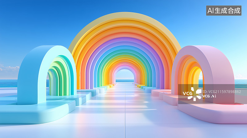 【AI数字艺术】彩虹拱门隧道梦幻场景图片素材