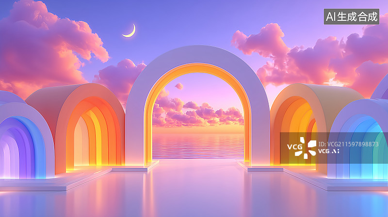 【AI数字艺术】彩虹拱门隧道梦幻场景图片素材