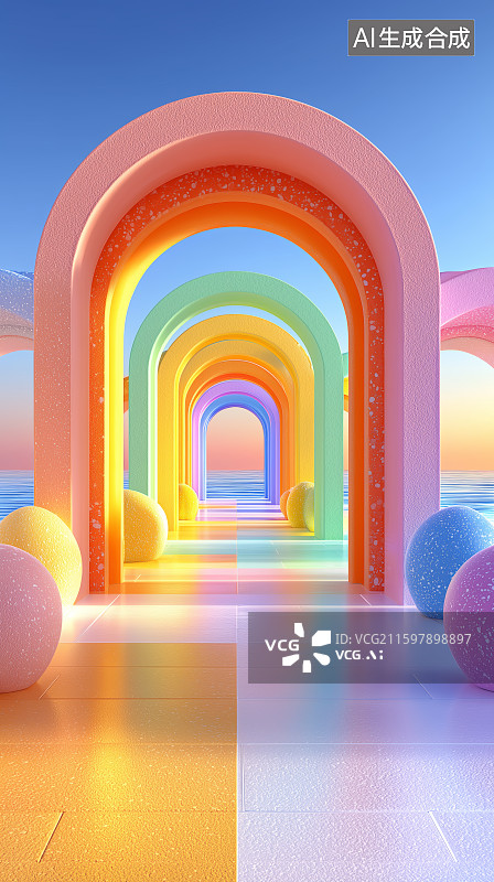 【AI数字艺术】彩虹拱门隧道梦幻场景图片素材