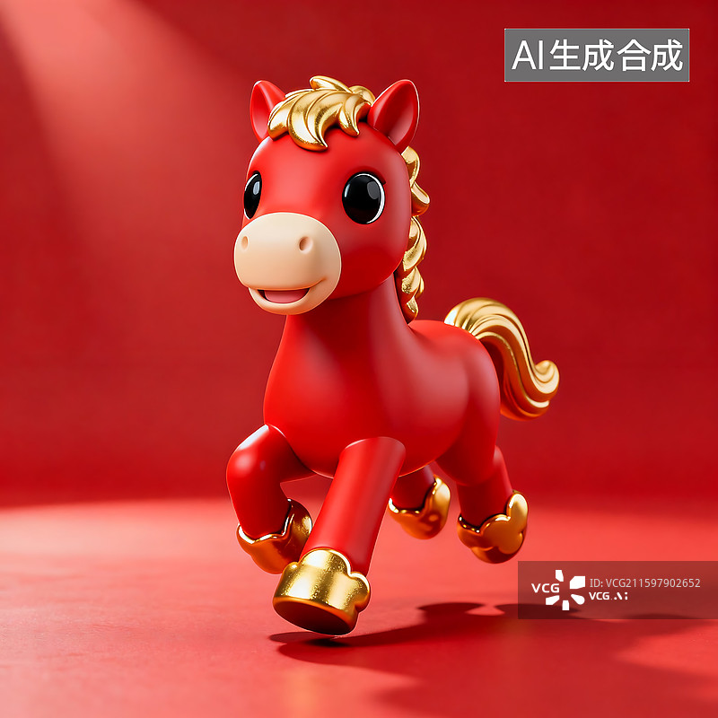 【AI数字艺术】红色的3D卡通小马玩具，配以金色的鬃毛、尾巴和蹄子，造型可爱又喜庆，生肖马装饰摆件图片素材