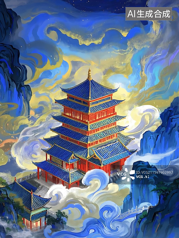 【AI数字艺术】仙境古塔云海飘渺图片素材