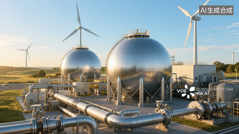 【AI数字艺术】工业储罐与风力发电场图片素材