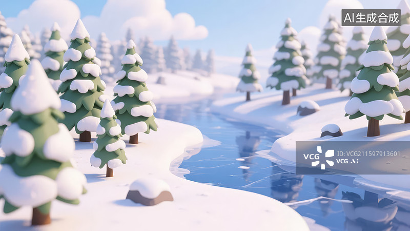 【AI数字艺术】雪景森林与冰河图片素材