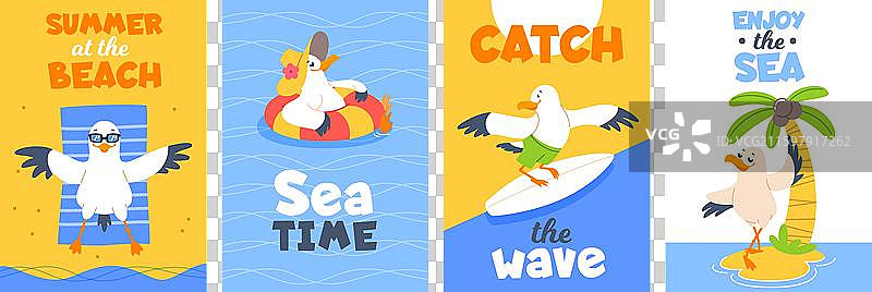 夏季海滩度假卡片，有趣的鸥鸟旅行图片素材