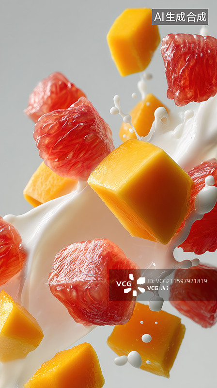 【AI数字艺术】水果块与牛奶飞溅瞬间图片素材