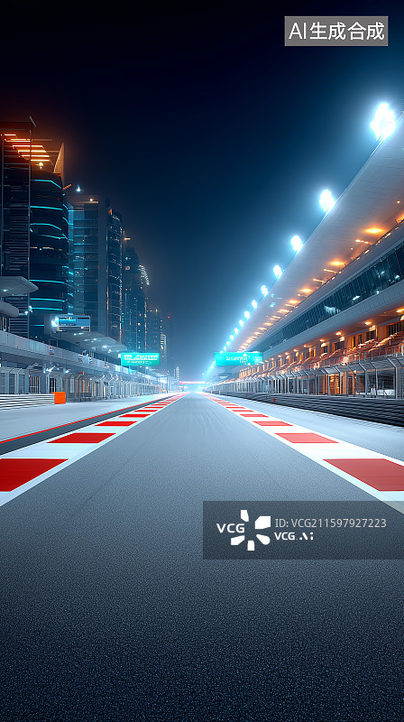 【AI数字艺术】夜幕下的赛道与现代化建筑图片素材