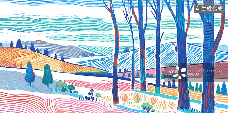 【AI数字艺术】色彩斑斓的田野与树林图片素材