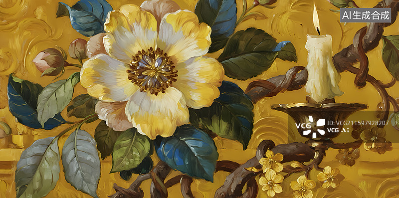 【AI数字艺术】金色背景上的花卉与烛台图片素材