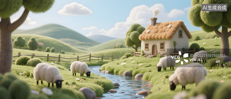 【AI数字艺术】卡通农场田园风光3D羊毛毡风格图片素材