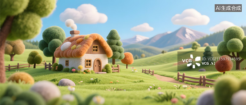 【AI数字艺术】卡通农场田园风光3D羊毛毡风格图片素材