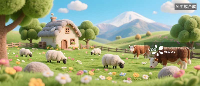 【AI数字艺术】卡通农场田园风光3D羊毛毡风格图片素材