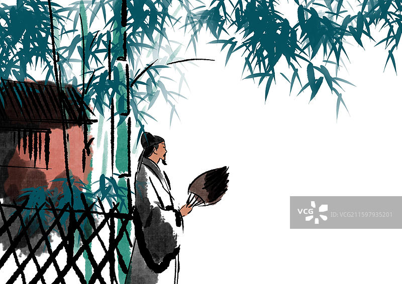 中国风新中式古风古典传统文化国学经典古人古代古时候极简潇洒禅意古意水墨风诸葛亮隐居插画图片素材