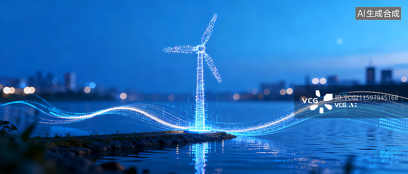 【AI数字艺术】发光蓝色科技风车，新能源科技背景——发光抽象粒子与风力发电的风车图片素材