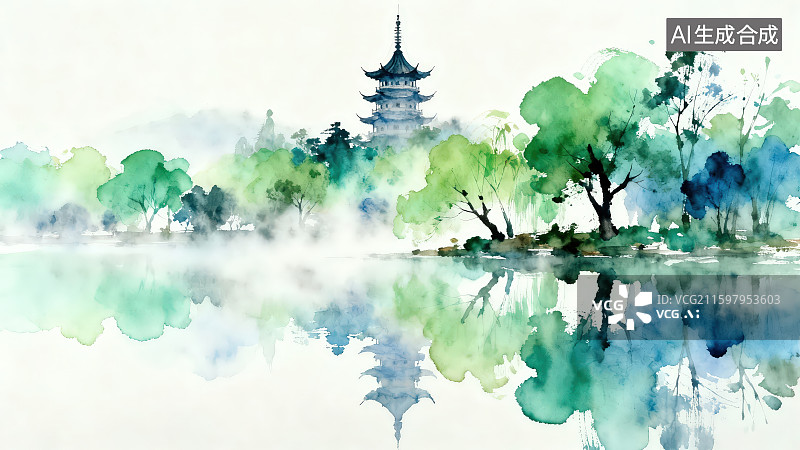 【AI数字艺术】古塔和湖边的景色水墨水彩插画背景图片素材