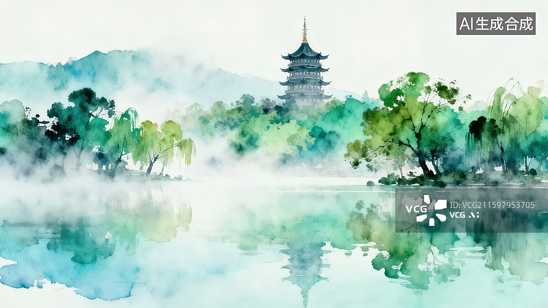 【AI数字艺术】古塔和湖边的景色水墨水彩插画背景图片素材