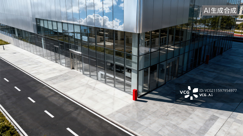 【AI数字艺术】高级写字楼办公大厦室外空旷的广场和画标线的柏油公路车道，汽车广告背景图图片素材