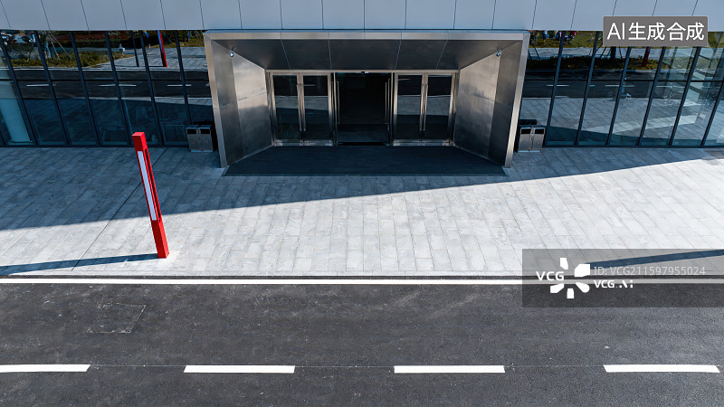 【AI数字艺术】高级写字楼办公大厦室外空旷的广场和画标线的柏油公路车道，汽车广告背景图图片素材