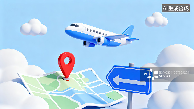 【AI数字艺术】3D渲染卡通飞机地图红色定位标识云朵和指示牌，飞机与旅行主题节假日出行搭乘交通工具主题概念图片素材