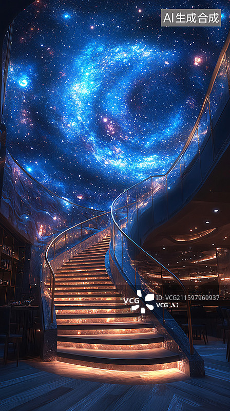 【AI数字艺术】梦幻星空下的旋转楼梯图片素材