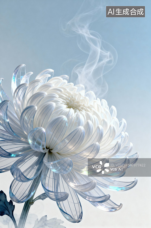 【AI数字艺术】透明质感白菊与烟雾艺术意境创作图片素材