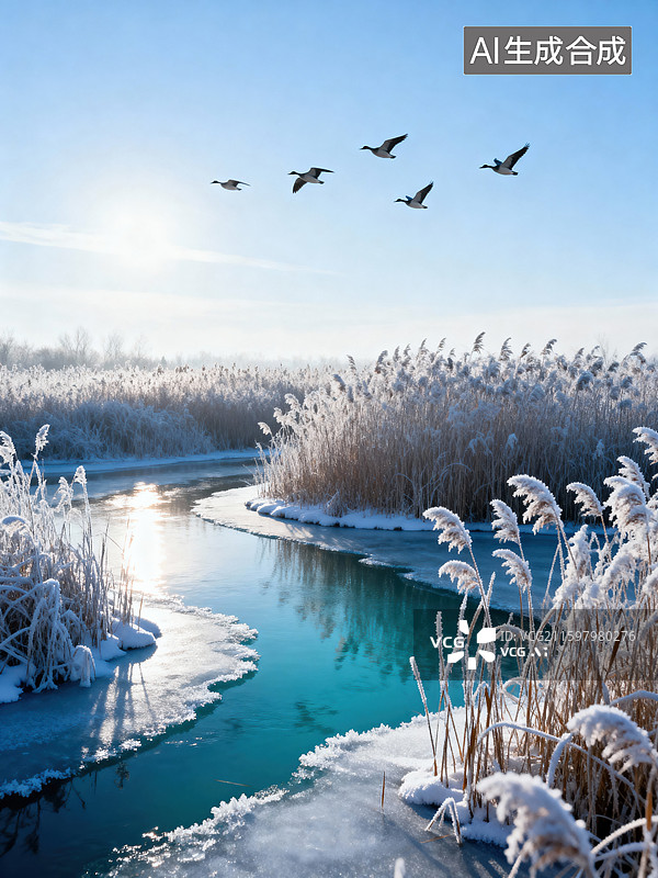 【AI数字艺术】冬日冰河芦苇荡雁群飞翔雪景自然景观图片素材