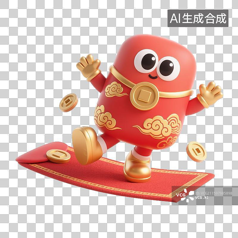 【AI数字艺术】红包卡通形象跳跃撒铜钱营销素材图片素材