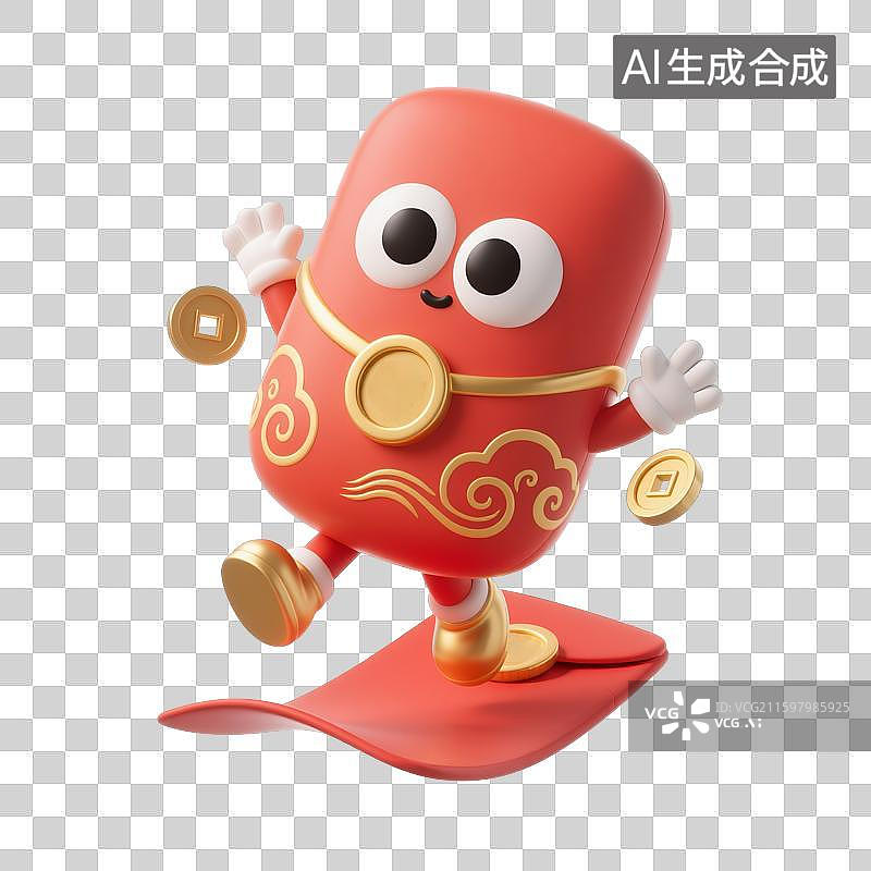 【AI数字艺术】红包卡通形象跳跃撒铜钱营销素材图片素材