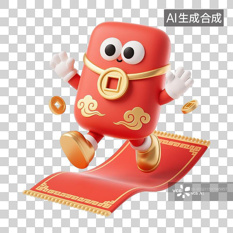 【AI数字艺术】红包卡通形象跳跃撒铜钱营销素材图片素材