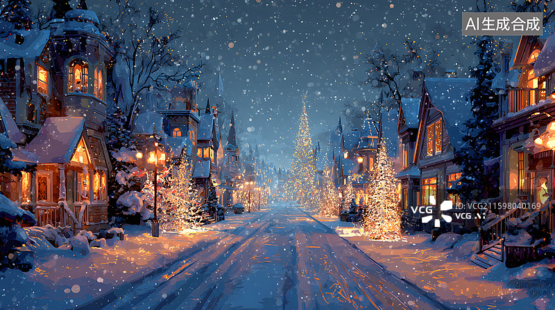 【AI数字艺术】圣诞节平安夜下雪的街道图片素材