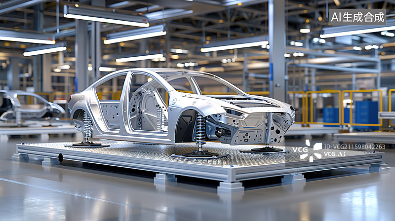 【AI数字艺术】现代工厂里的一台汽车车架——汽车工业设计制造概念图片素材