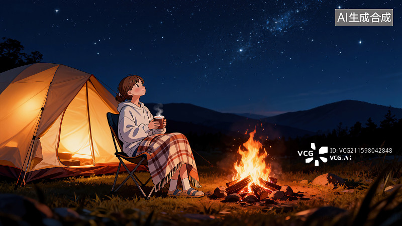 【AI数字艺术】夜晚银河下露营地女孩图片素材