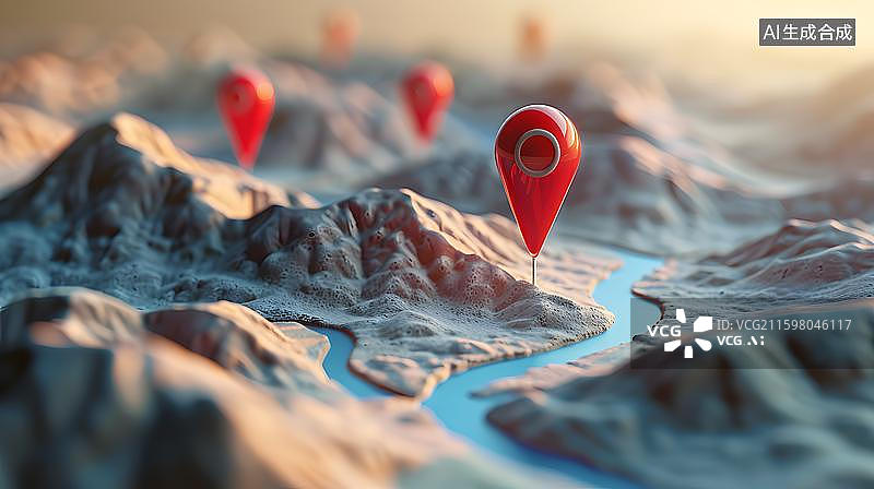 【AI数字艺术】定位新视角 地图上的带有GPS定位图标定位坐标的场景 不规则形状地区的地形图上的红色定位标记图片素材