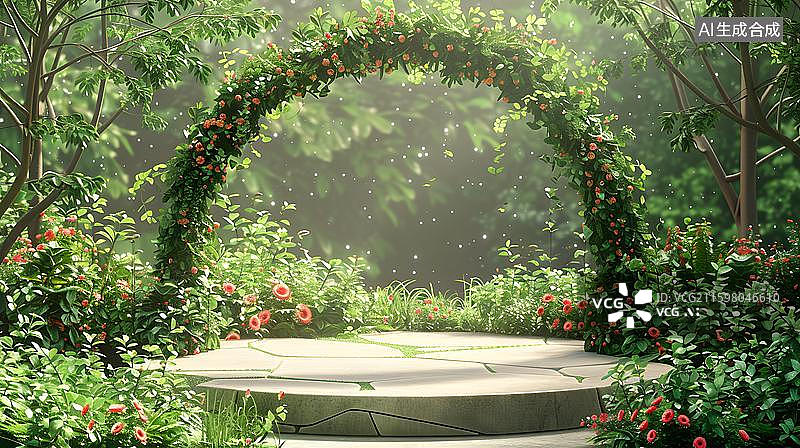 【AI数字艺术】清晨花园绿植拱门 阳光草坪婚礼花架  极简花园拱门草地电商展示台图片素材