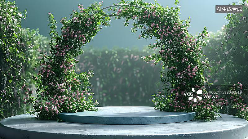 【AI数字艺术】清晨花园绿植拱门 阳光草坪婚礼花架  极简花园拱门草地电商展示台图片素材